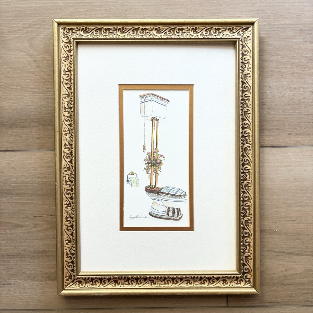 Peggy Abrams Bathroom Water Closet Vintage Style Floral Art Print Framed 15"x11"